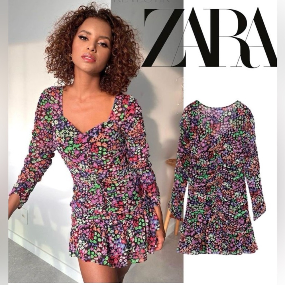 ZARA Floral Multicolour Ruched Bodycon Dress Size S Blogger Favourite